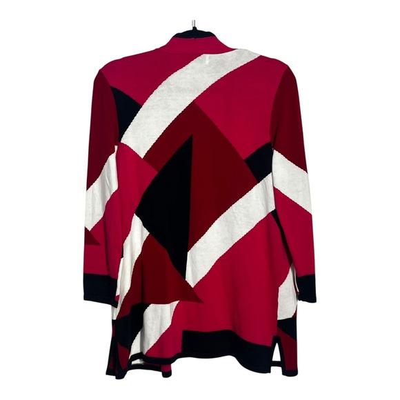 Kasper Womens Geometric Colorblock Open Front Cardigan Red Black White Small - Picture 2 of 9